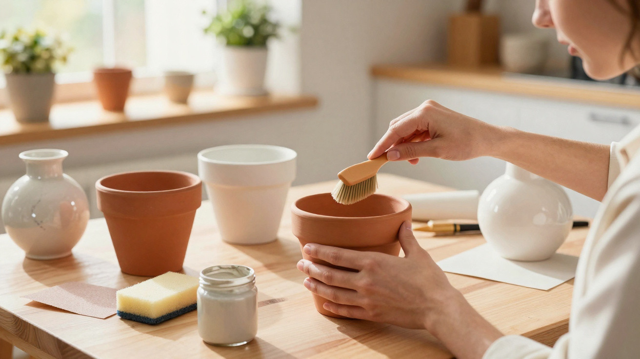 Pessoa limpando vaso de cerâmica com escova em mesa com outros vasos e materiais de artesanato.