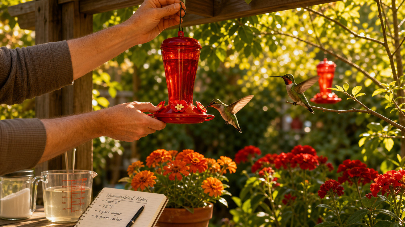 Mãos seguram bebedouro vermelho enquanto beija-flores se alimentam em jardim com flores coloridas.