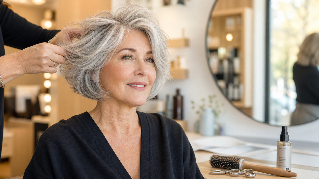 Mulher com cabelo grisalho sendo penteada em salão de beleza moderno e iluminado.