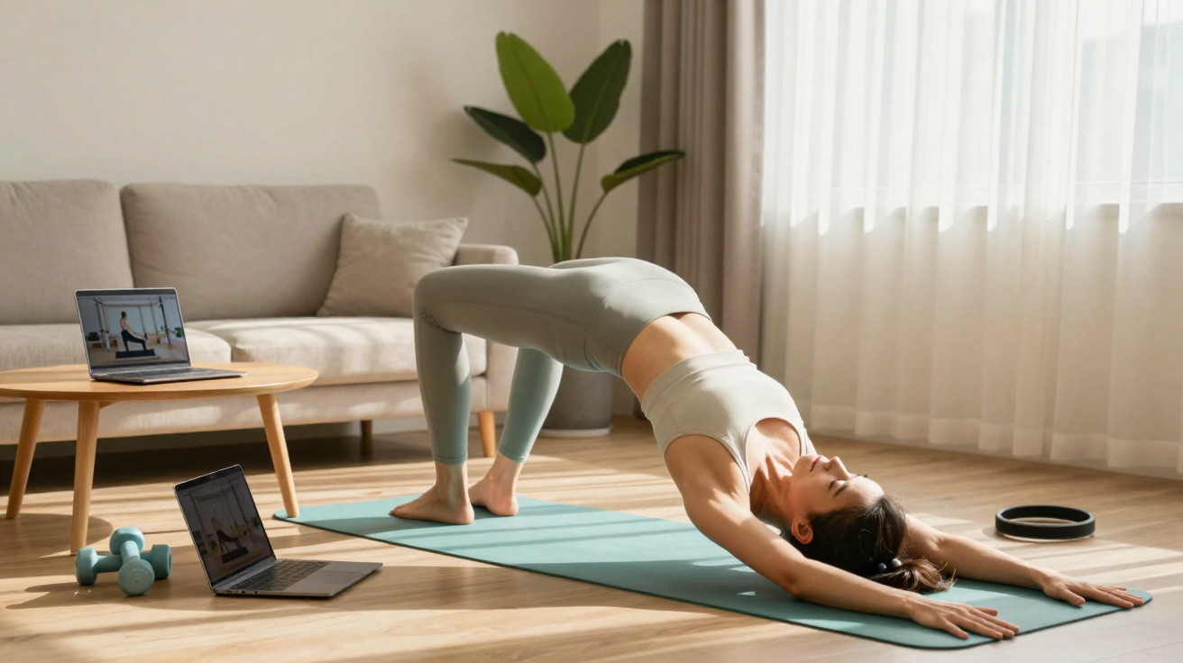 Mulher praticando yoga em pose de ponte em tapete, ao lado de laptops e pesos em sala iluminada.