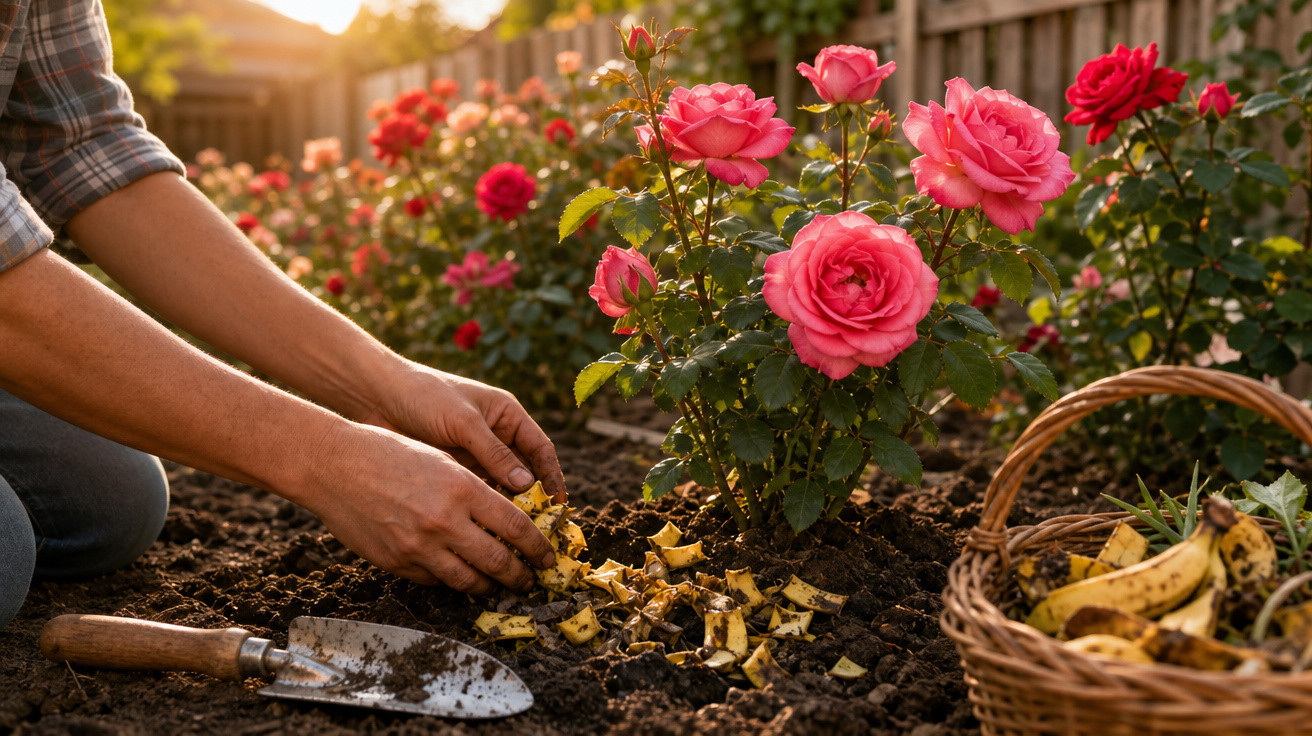 Pessoa colocando cascas de banana no solo ao lado de rosas cor de rosa em um jardim ao pôr do sol.