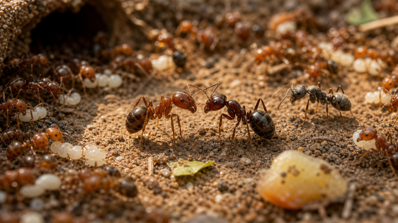 Formigas vermelhas e pretas em solo com ovos brancos em volta dentro de um formigueiro.
