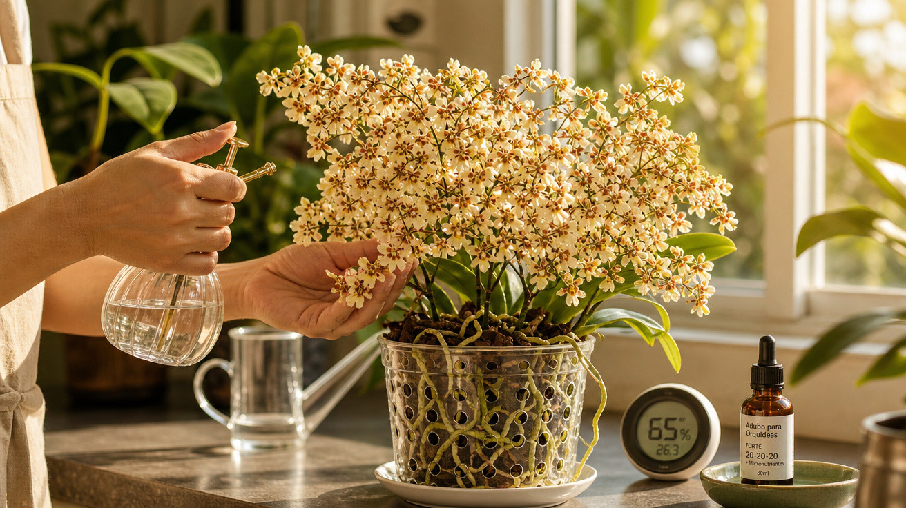Pessoa regando orquídea branca em vaso transparente próximo a janela com luz natural e medidor de umidade.