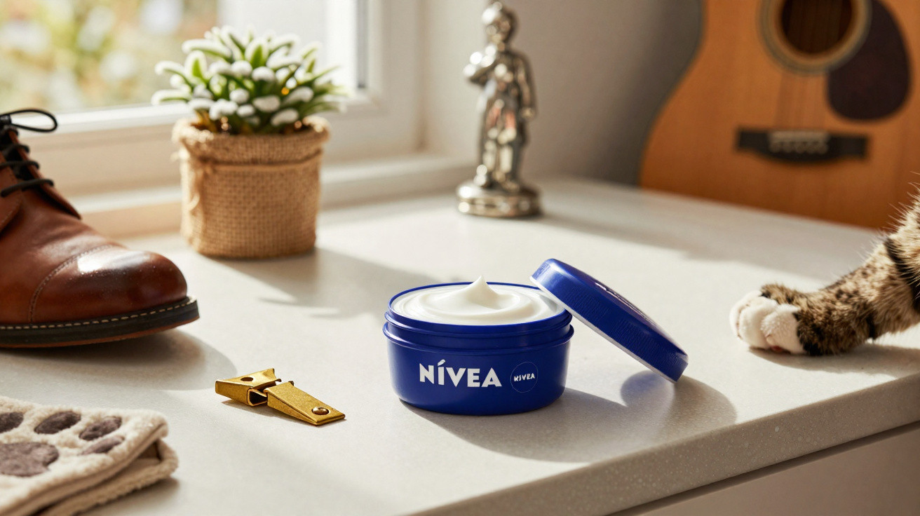 Pote aberto de creme Nivea sobre mesa com planta, chave, bota, guitarra e pata de gato ao lado.
