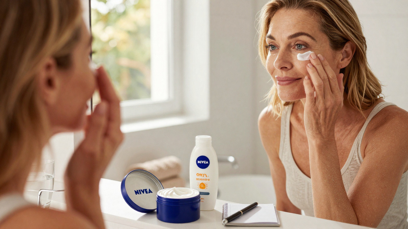 Mulher aplicando creme facial Nivea no rosto em frente ao espelho no banheiro iluminado.