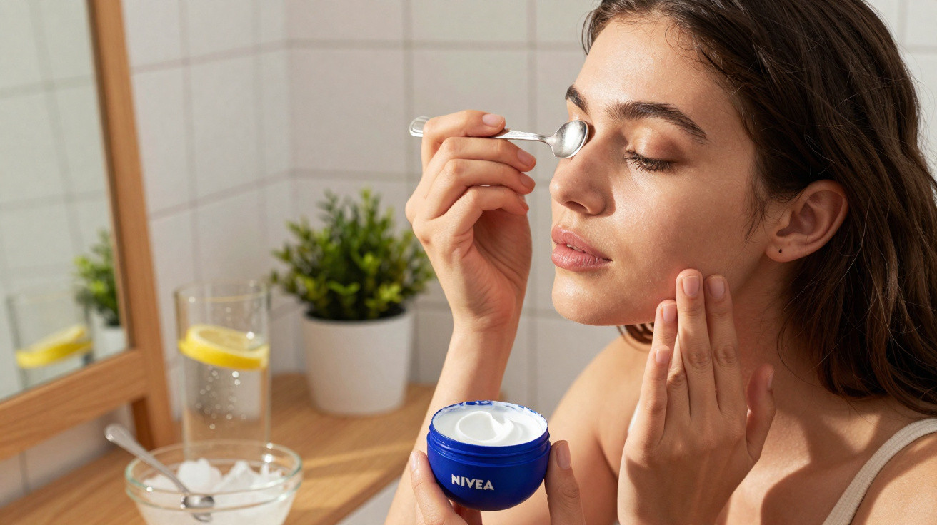 Mulher aplicando creme facial com espátula em frente ao espelho no banheiro.