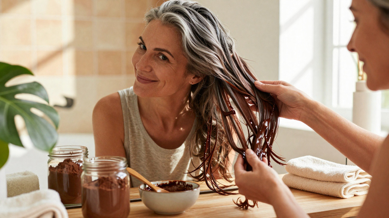 Mulher sorrindo com máscara de tratamento capilar sendo aplicada no cabelo em ambiente iluminado e acolhedor.