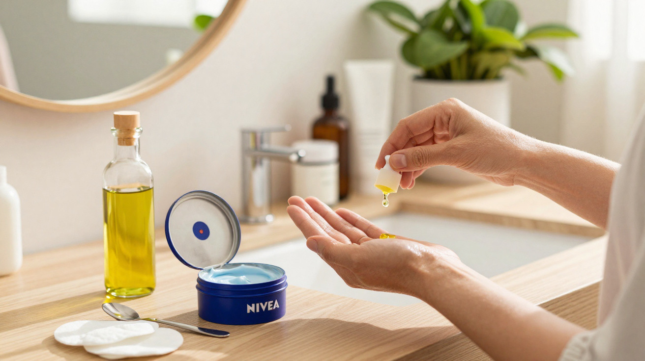 Pessoas aplicando óleo facial com gotas em mãos perto de creme Nivea e algodão no banheiro.