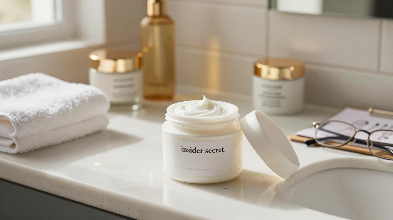 Creme facial "insider secret" com tampa aberta em bancada branca ao lado de toalhas e óculos.