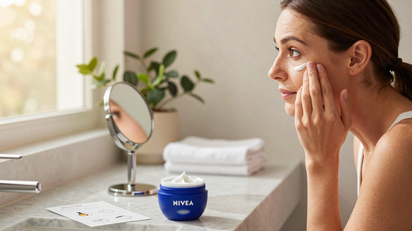 Mulher aplicando creme Nivea no rosto em banheiro claro com espelho e planta ao fundo.