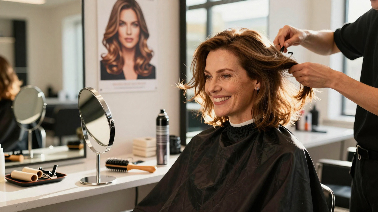 Mulher sorridente recebendo corte de cabelo em salão de beleza moderno e iluminado.