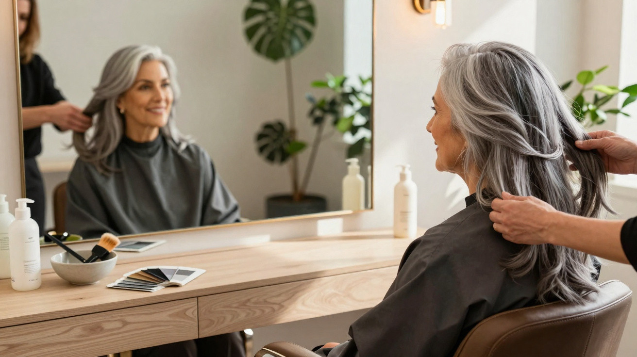 Mulher idosa sorridente fazendo penteado em salão com cabelos grisalhos e ambiente iluminado.