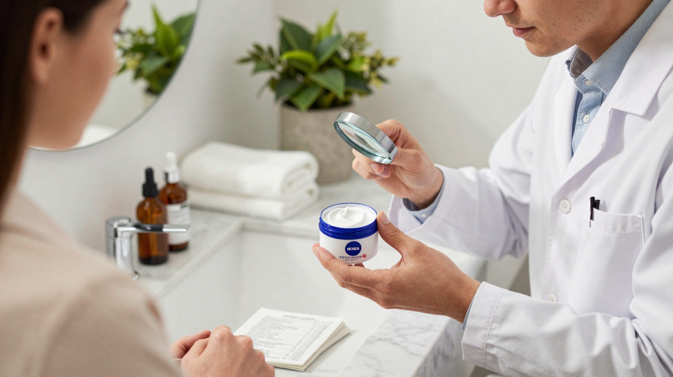 Dermatologista examina creme hidratante Nivea com lupa durante consulta em clínica.