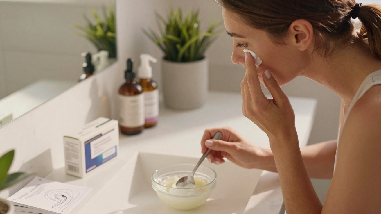 Mulher aplicando creme no rosto em banheiro claro com produtos de skincare ao fundo.