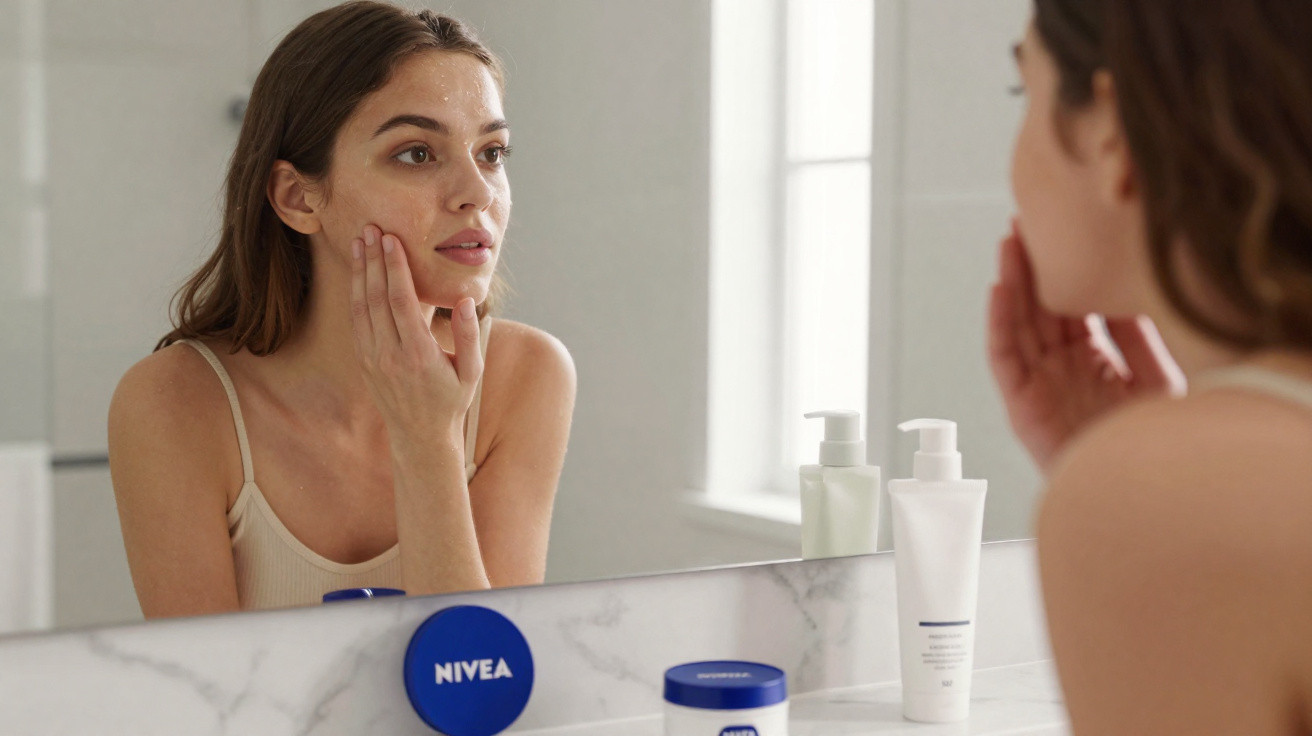 Mulher olhando no espelho e cuidando da pele do rosto em banheiro com produtos Nivea sobre a bancada.