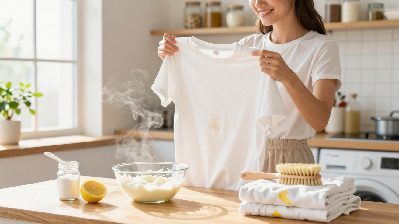 Mulher segurando camiseta branca com mancha, ao lado de tigela com mistura caseira para limpeza.