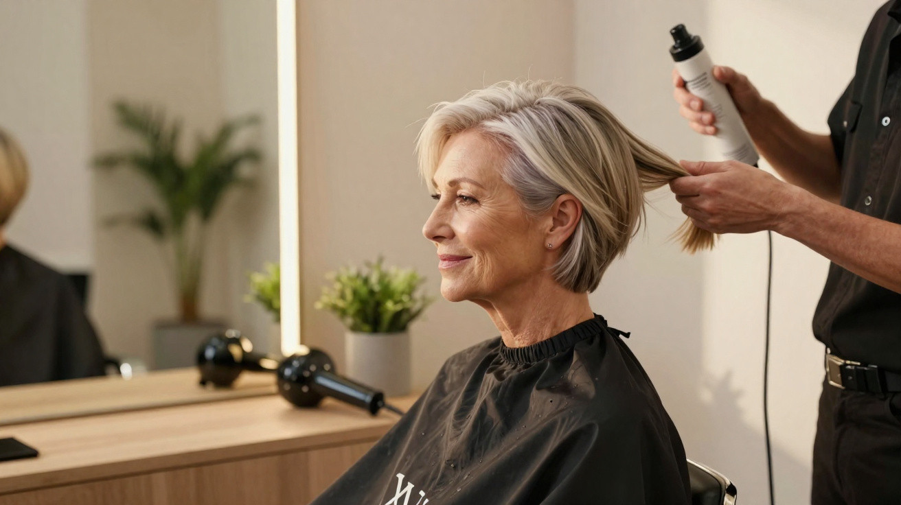 Mulher madura com cabelo curto sendo estilizada por cabeleireiro em salão moderno e iluminado.