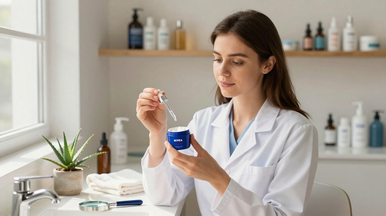 Mulher de jaleco segurando potinho de creme Nivea e aplicador com conta-gotas em ambiente claro.