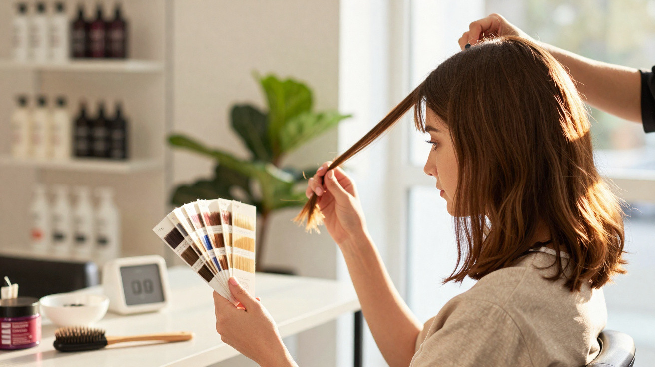 Mulher sentada em salão de beleza escolhendo cor para tingir cabelo com amostra de tons.