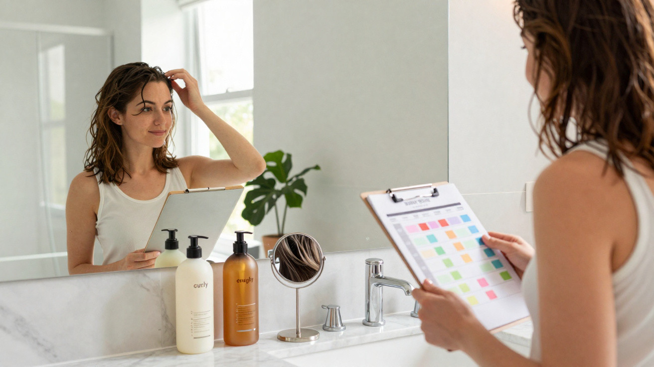 Mulher olhando no espelho segurando uma prancheta colorida em banheiro com produtos capilares.