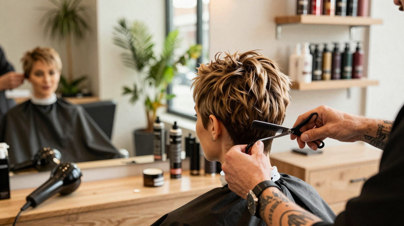 Pessoa com cabelo curto sendo cortada por cabeleireiro em salão moderno com espelho e produtos no fundo.