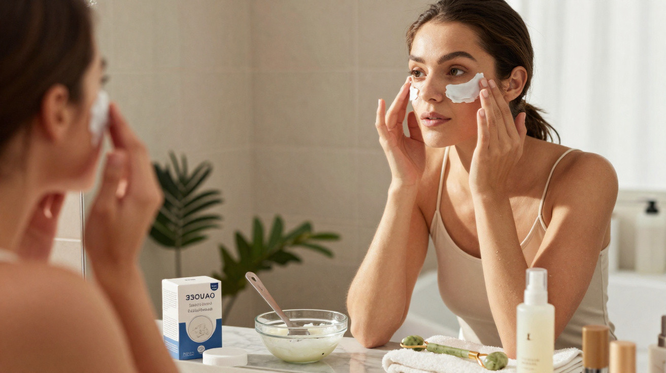 Mulher aplicando creme facial no rosto em frente ao espelho no banheiro, com produtos de beleza na pia.
