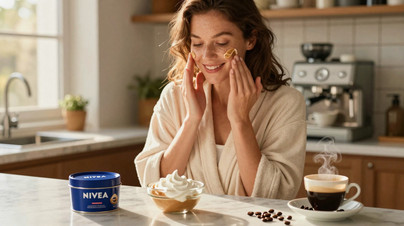 Mulher sorridente aplicando creme facial Nivea na cozinha, com café e chantilly na mesa branca.