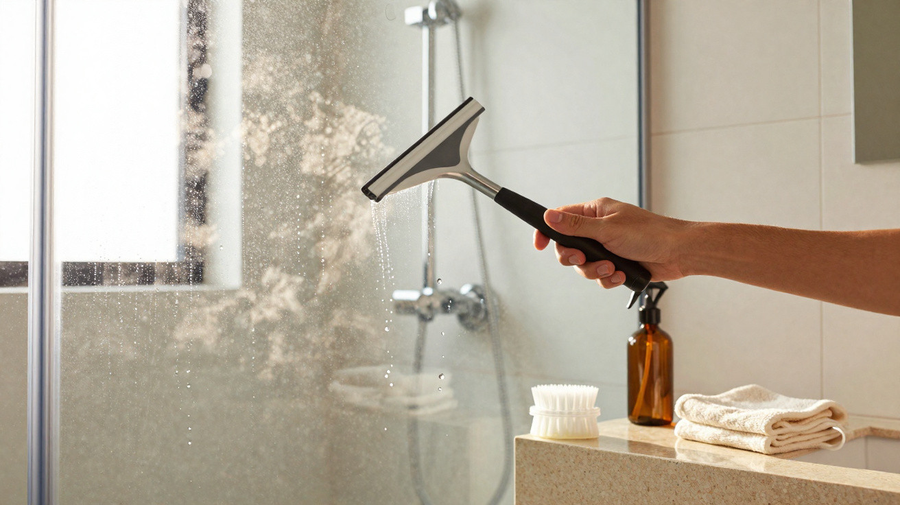 Mão usando um limpador de vidro para limpar o espelho do banheiro com frasco, escova e toalhas ao lado.