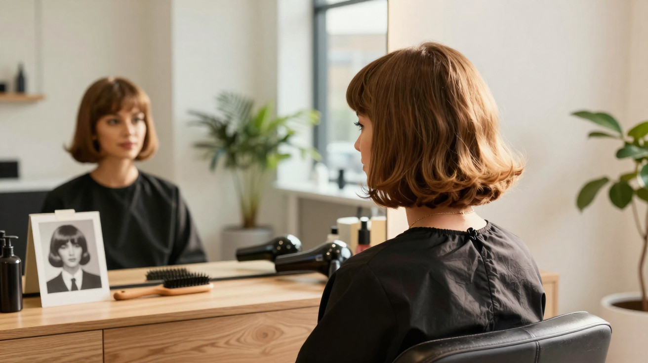 Mulher com cabelo curto castanho sentada em frente ao espelho em salão de beleza moderno.