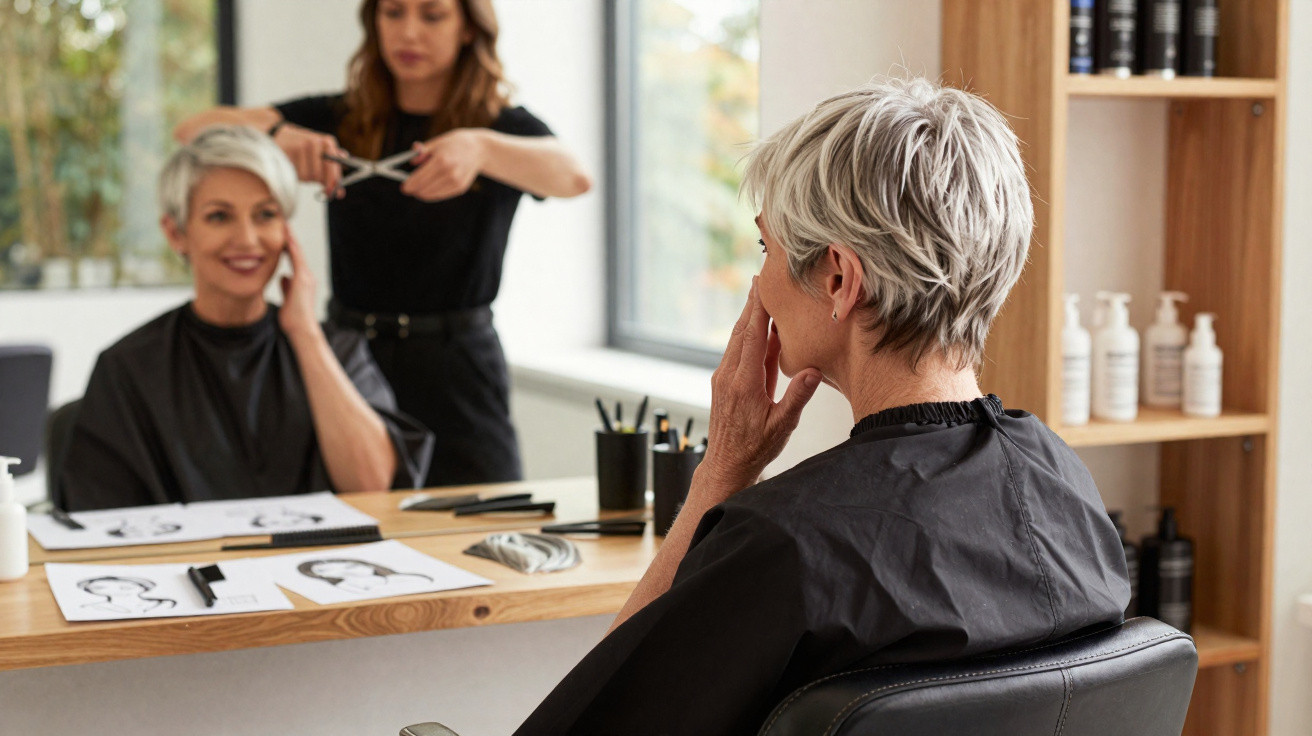 Mulher de cabelo curto e grisalho sentada em salão de beleza, olhando seu reflexo no espelho durante corte.