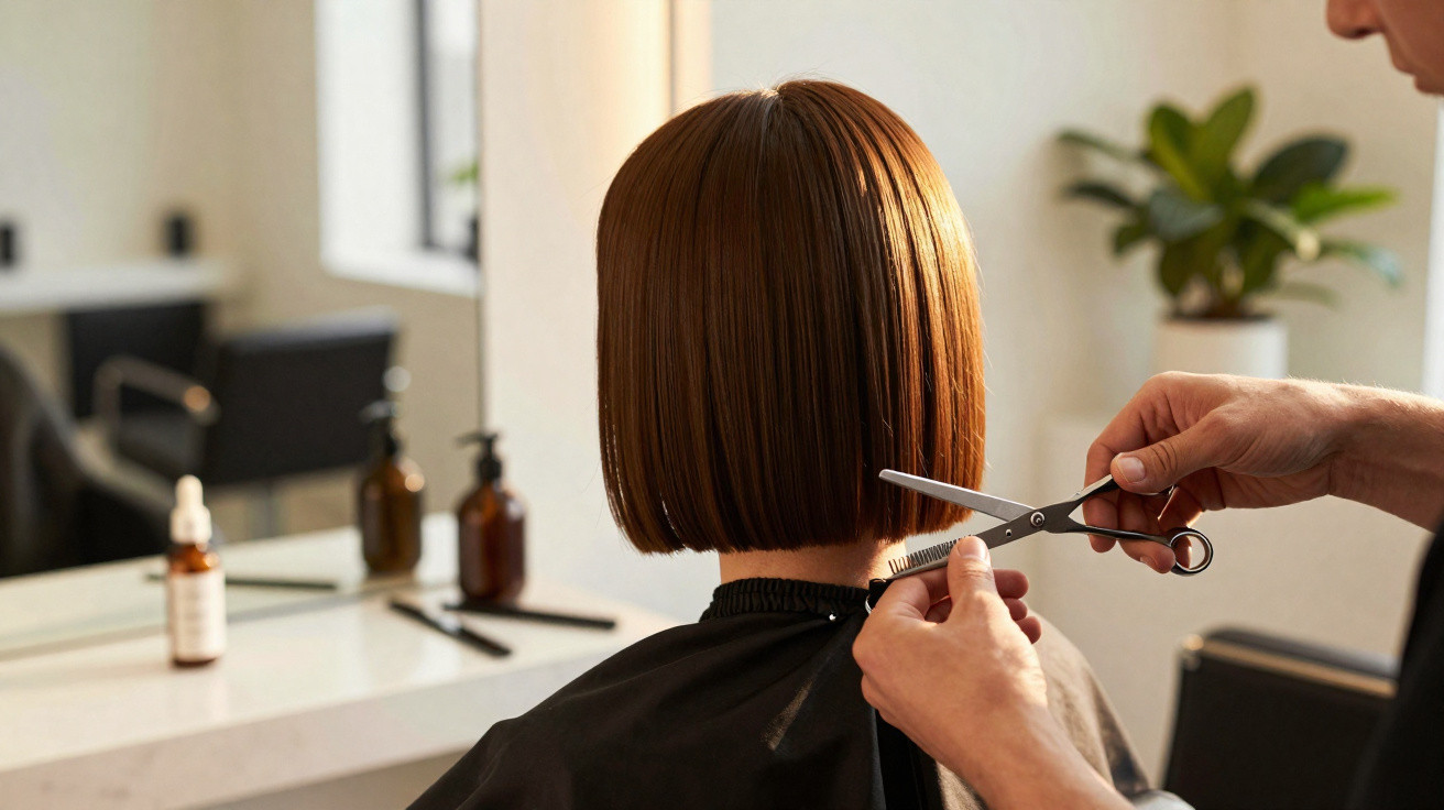 Pessoa de cabelo curto sendo cortada em salão de beleza com tesoura e pente.