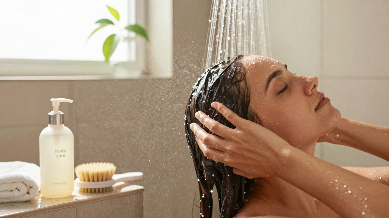 Mulher laveando o cabelo com água no chuveiro em banheiro iluminado.