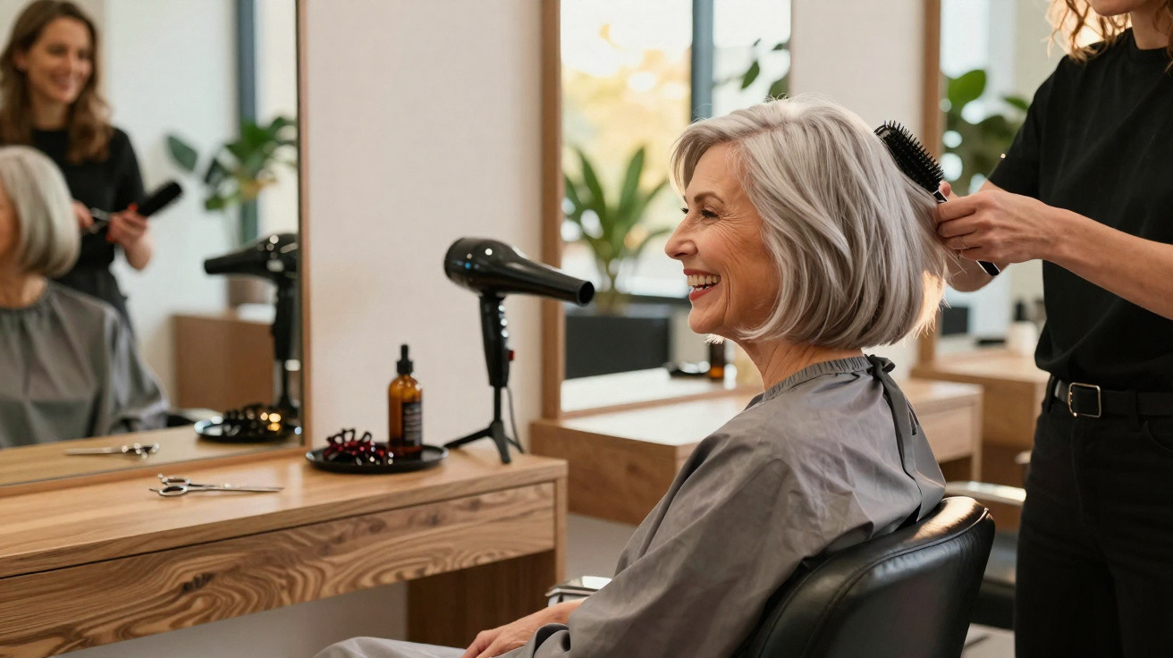 Mulher sorrindo recebe escovação de cabelo em salão moderno com espelho e secador à vista.
