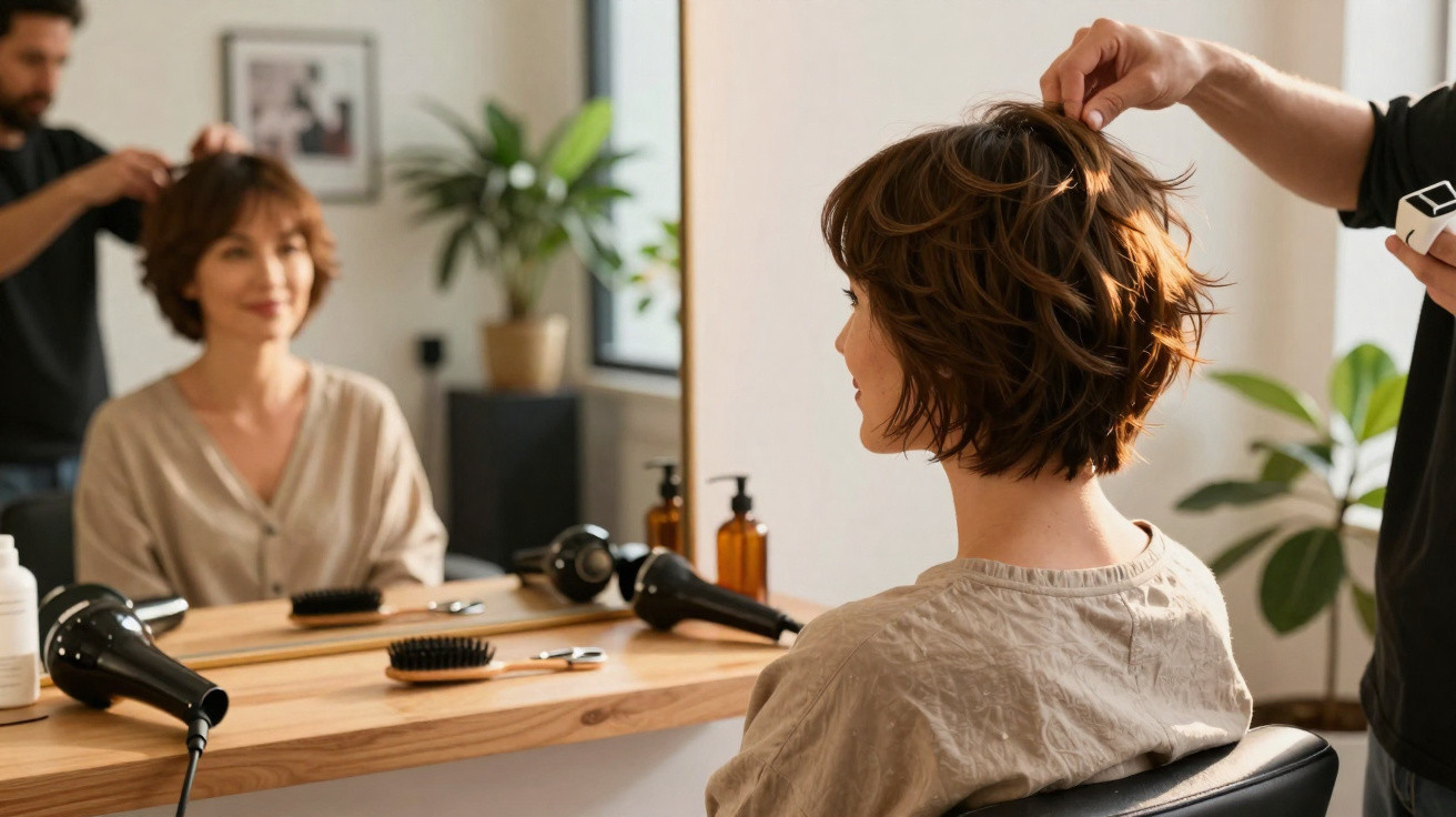 Mulher com cabelo curto e ondulado sendo arrumado por cabeleireiro em salão de beleza.