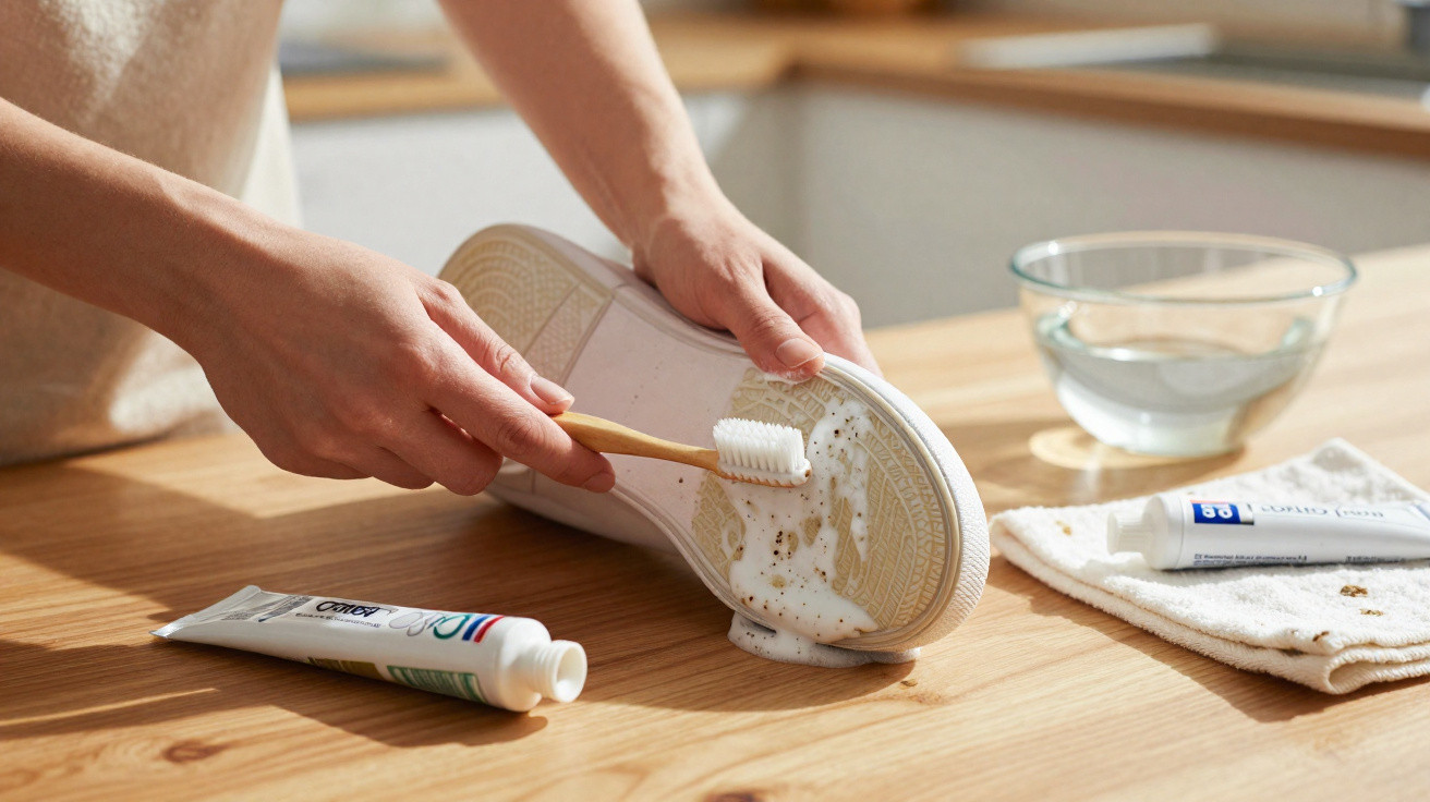 Pessoa usando escova de dente para limpar a sola suja de um tênis branco sobre mesa de madeira.