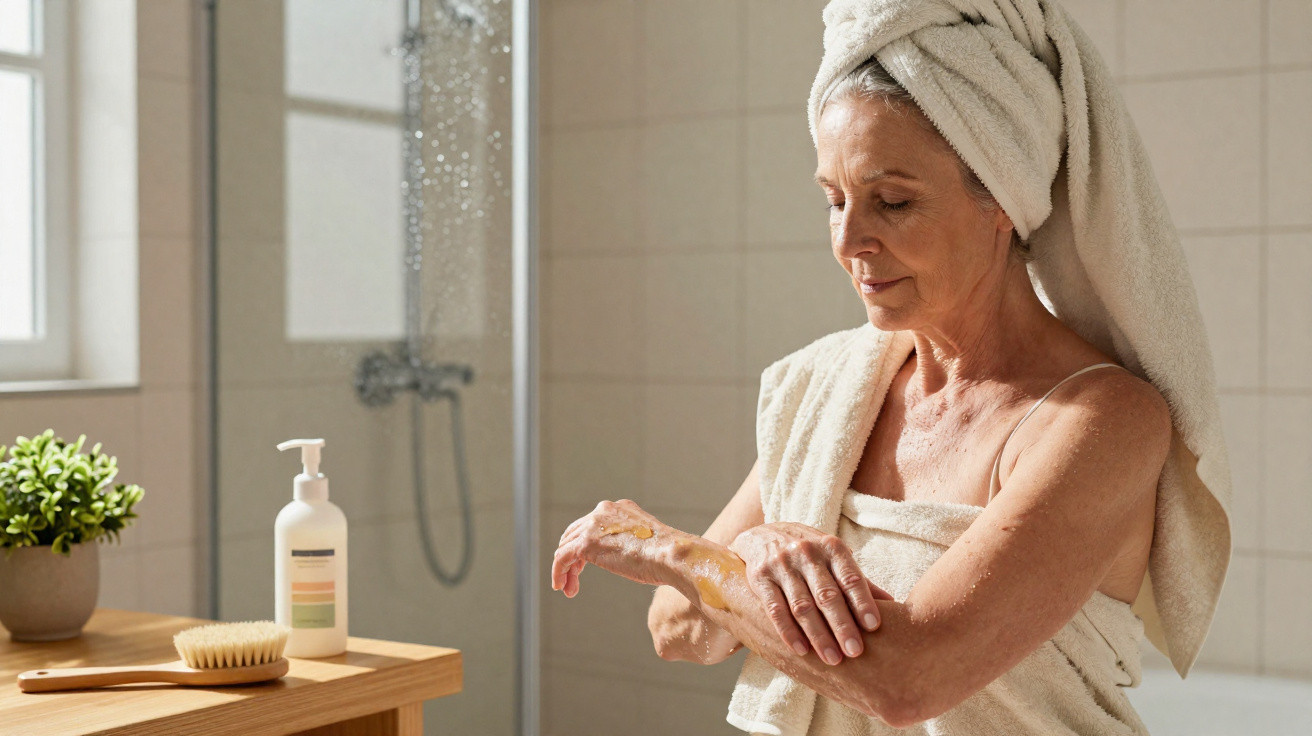 Mulher madura com toalha no corpo e na cabeça aplicando creme hidratante no braço no banheiro.