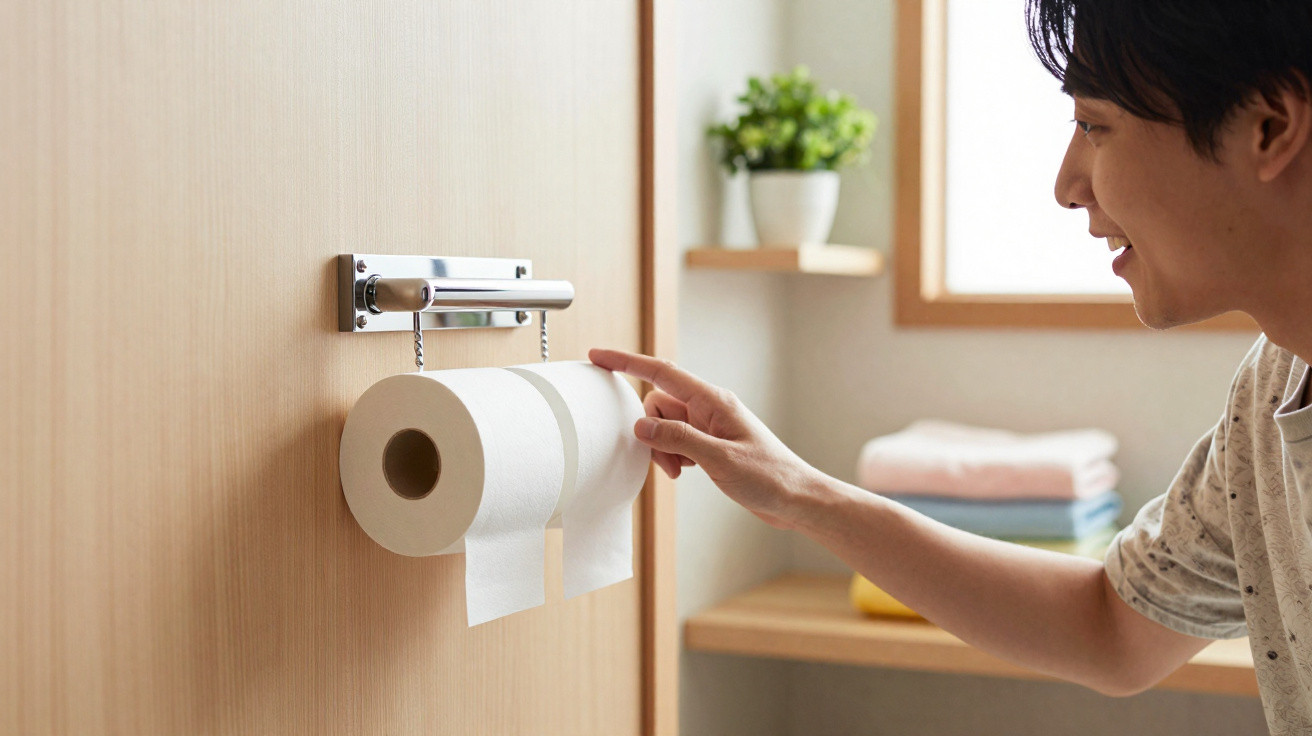Homem pegando papel higiênico duplo pendurado em suporte modernizado com barra de metal.