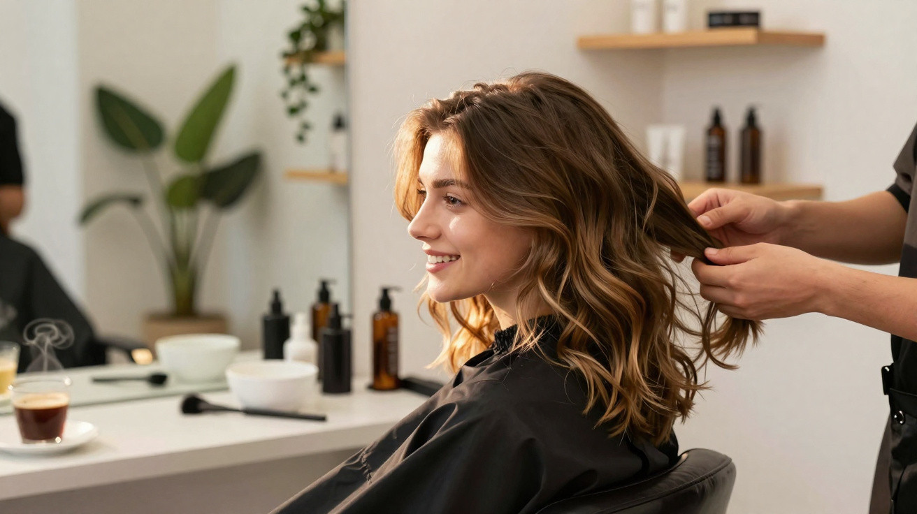 Mulher sorridente recebendo um penteado em salão de beleza com produtos no fundo.