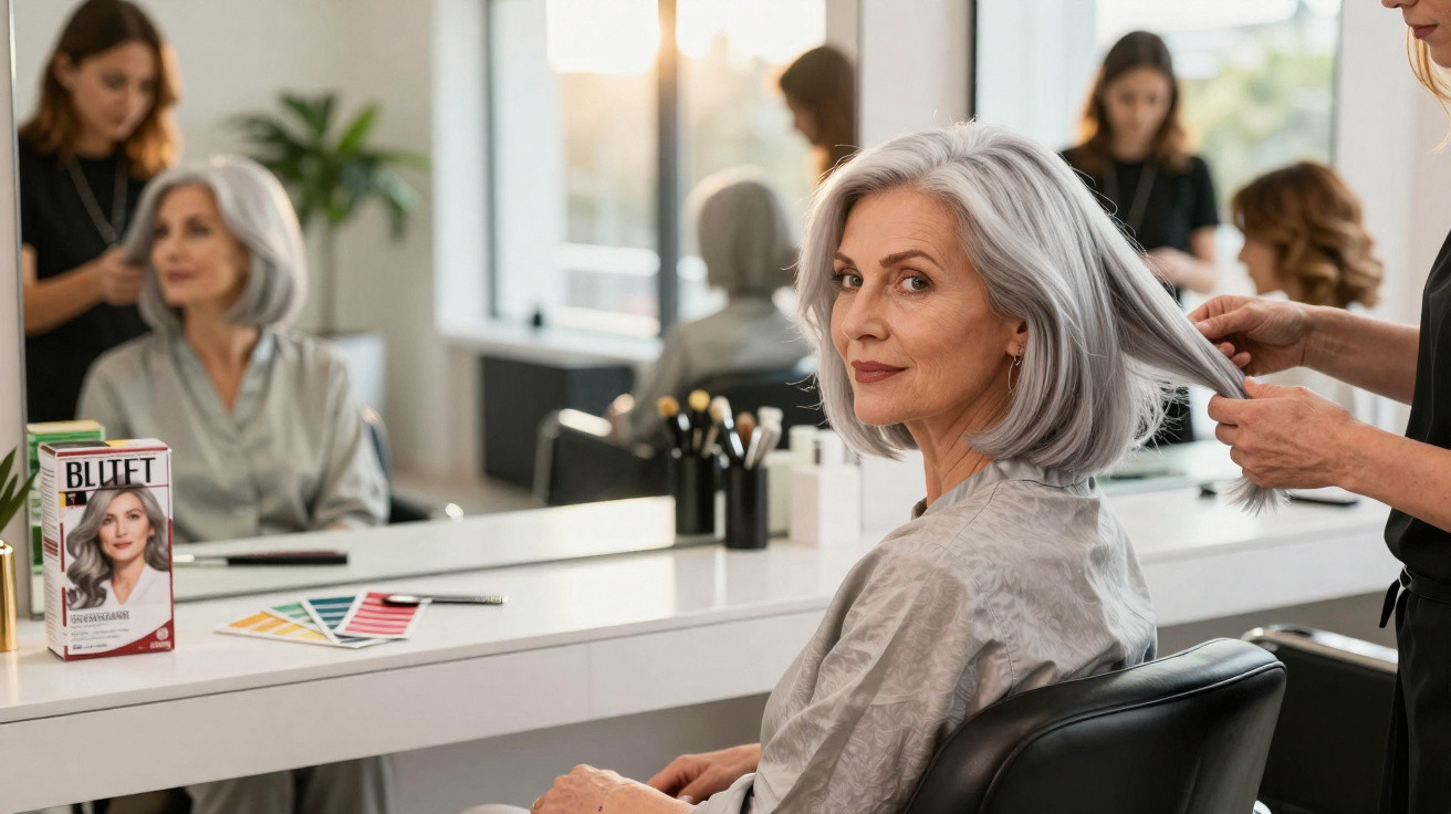 Mulher com cabelo grisalho sendo atendida em salão de beleza, olhando para a câmera.