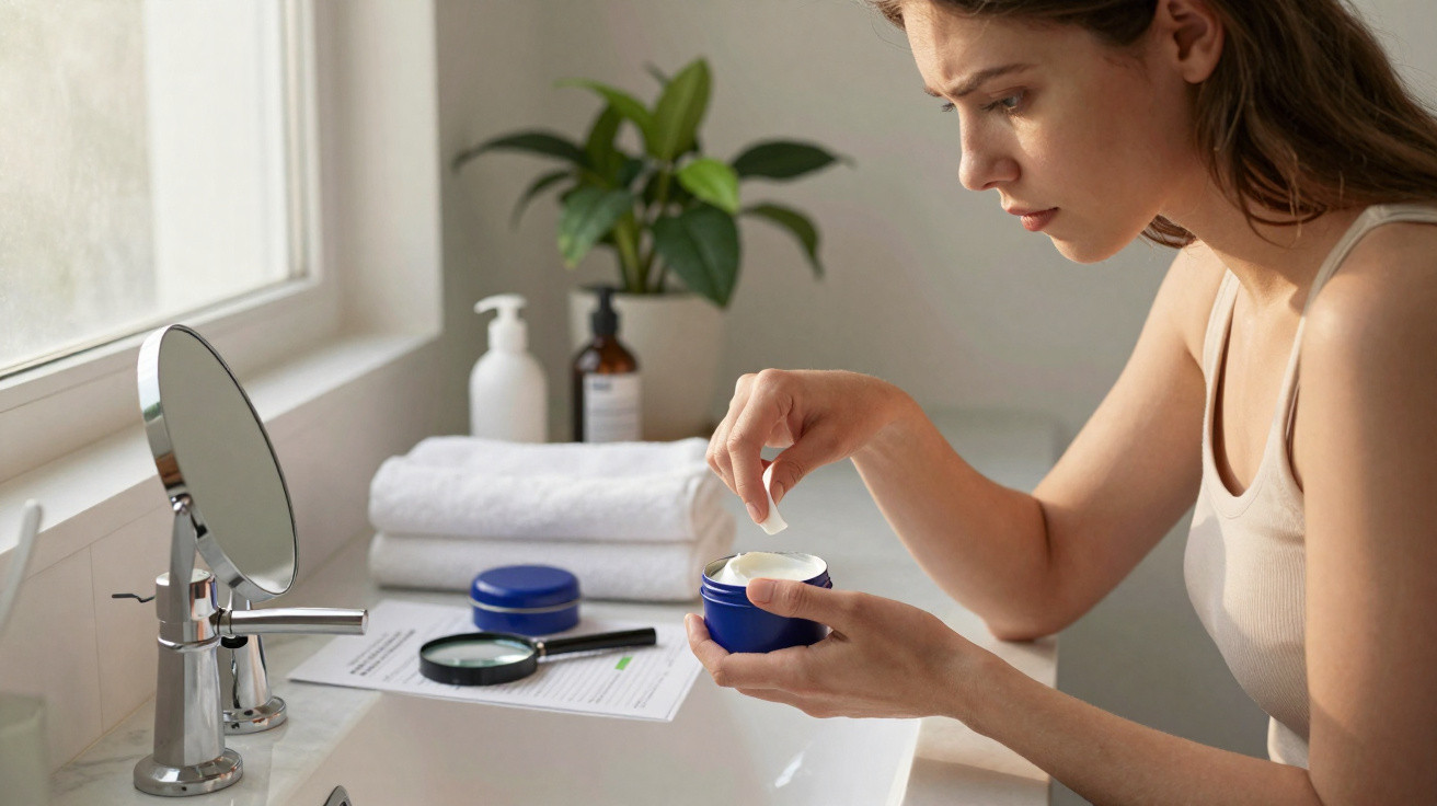 Mulher aplicando creme facial em frente ao espelho no banheiro, com toalhas e plantas ao fundo.