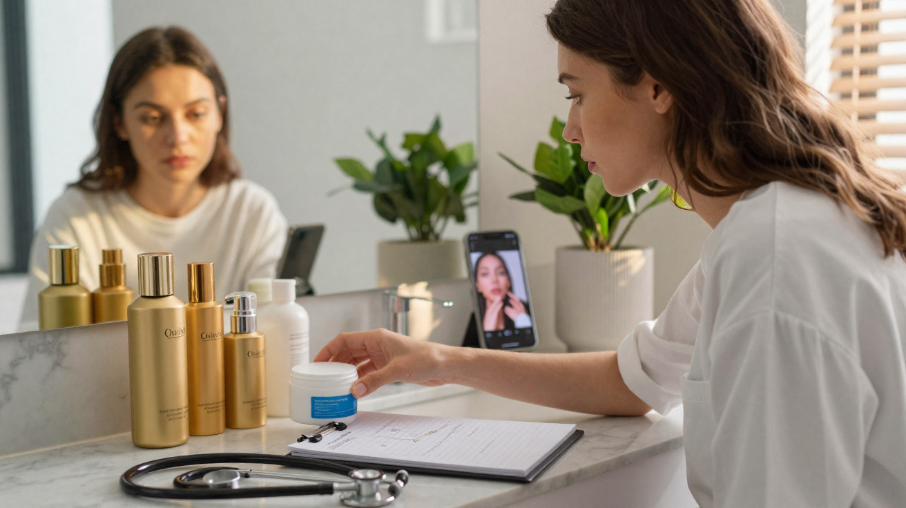 Mulher sentada em frente a espelho com produtos de skincare, estetoscópio e celular com vídeo dela.