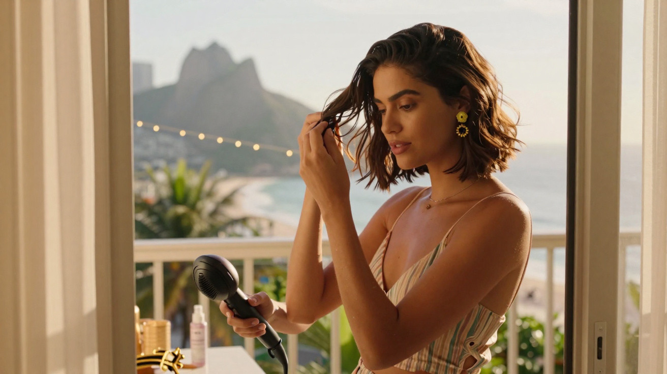 Mulher com vestido secando o cabelo na varanda com vista para o mar e montanhas ao fundo.