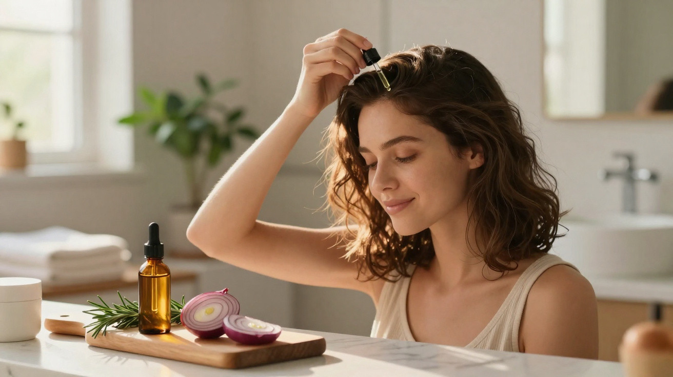 Mulher aplicando óleo capilar com conta-gotas em cabelo em ambiente claro e natural.