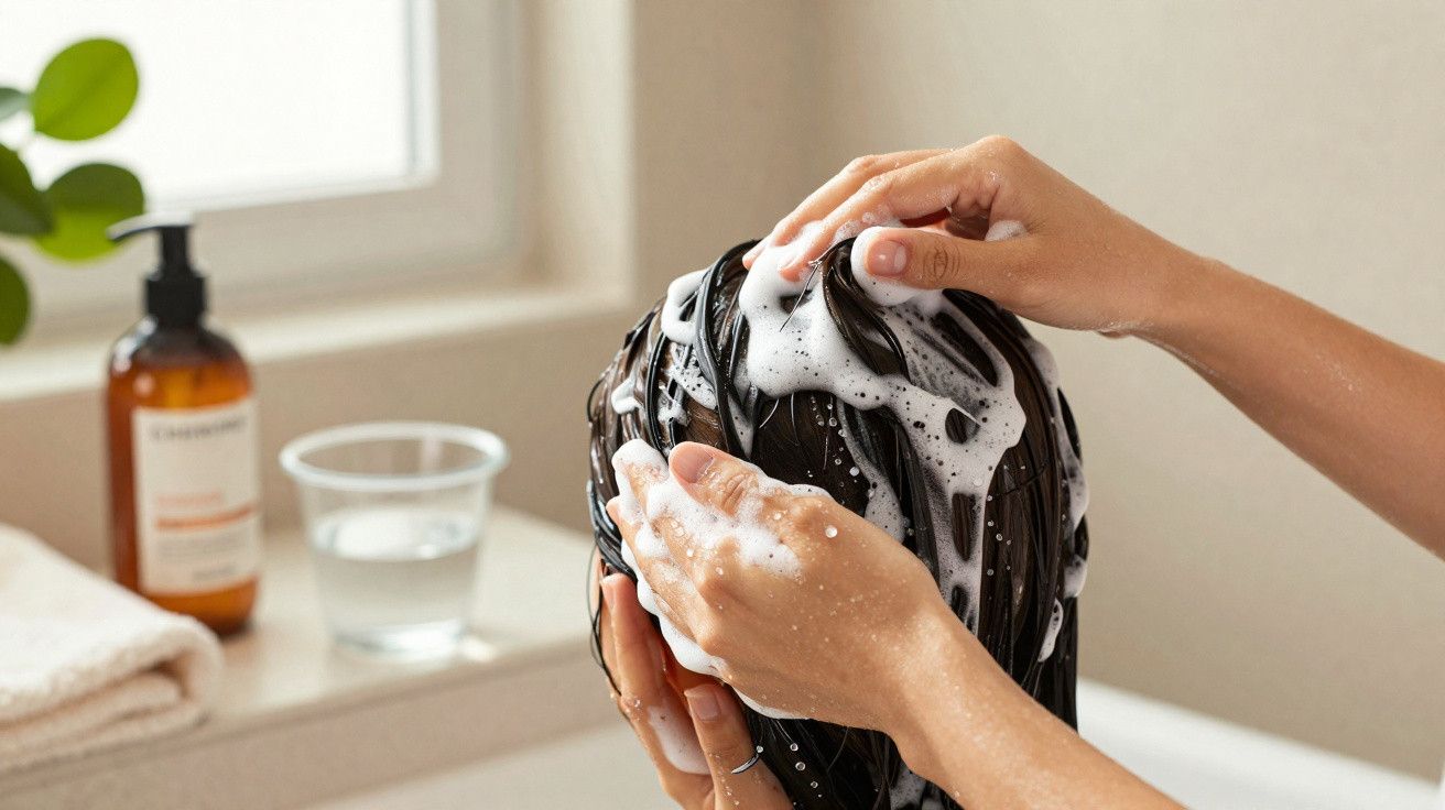 Pessoa lavando cabelo com espuma branca em banheiro iluminado por janela.