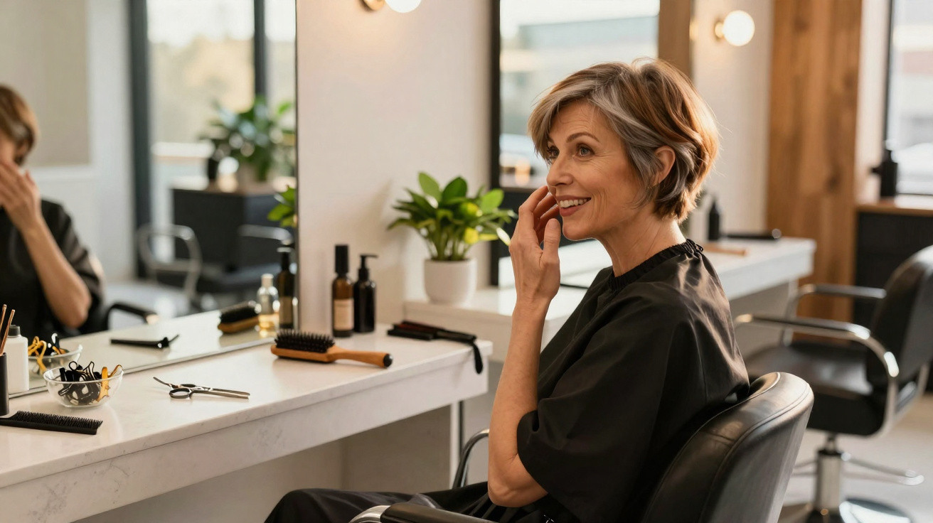 Mulher sorrindo com cabelo curto num salão de beleza, sentada em frente ao espelho.