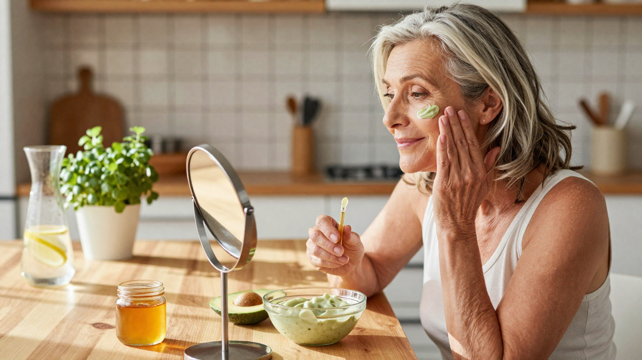 Mulher madura aplicando creme facial verde sentada à mesa da cozinha com espelho e ingredientes naturais.