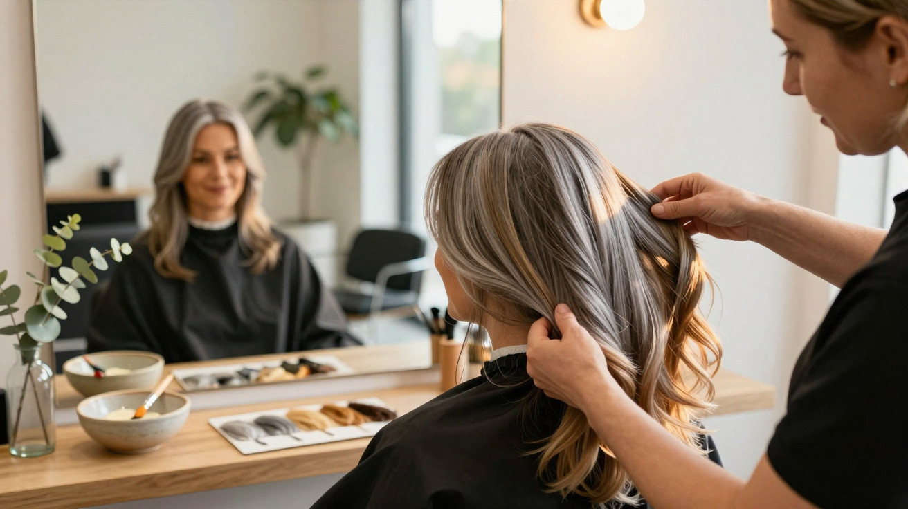 Cabeleireira examina cabelo loiro com mechas douradas de mulher sentada em salão moderno.