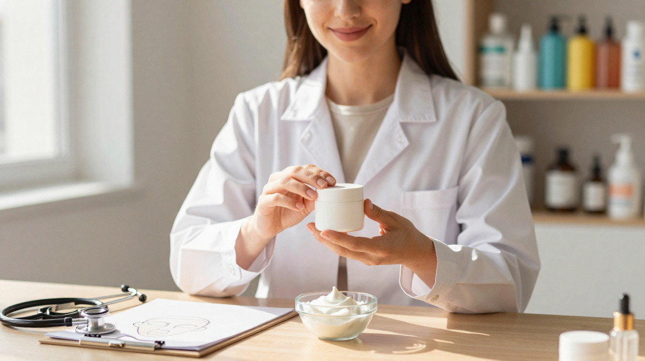 Mulher de jaleco branco segurando pote de creme em mesa com estetoscópio e produtos de cuidados.