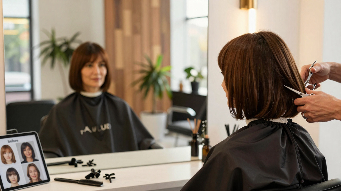 Mulher fazendo corte de cabelo curto em salão moderno, com tablet exibindo estilos anteriores.