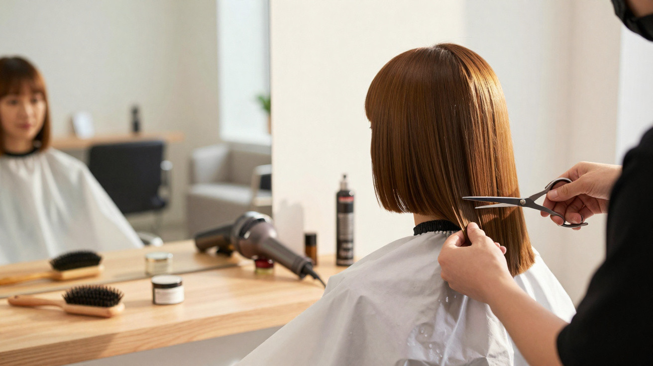 Mulher com cabelo curto corte reto sendo atendida por cabeleireiro em salão de beleza.